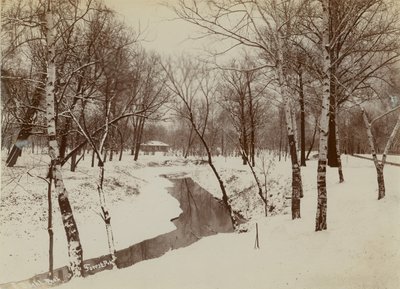 Escena de invierno en Forest Park con arroyo cortando la nieve de Emil Boehl